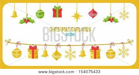 Christmas Garland Vector In Gold Color. Winter Holidays Vector Clip Art On White Background. New Year Garland Decorations. Snowflakes Gifts Christmas Balls Vector.