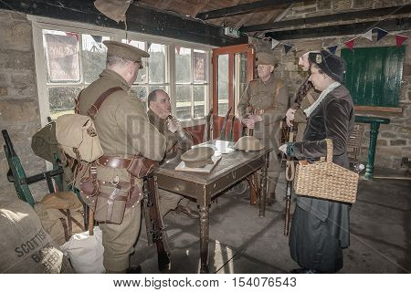 Tanfield Railway, Reenactors at the WW1 weekend at Andrew's House station Tanfield Railway the oldest railway in the world: Tanfield, Stanley, Co. Durham, UK, March 13, 2016.