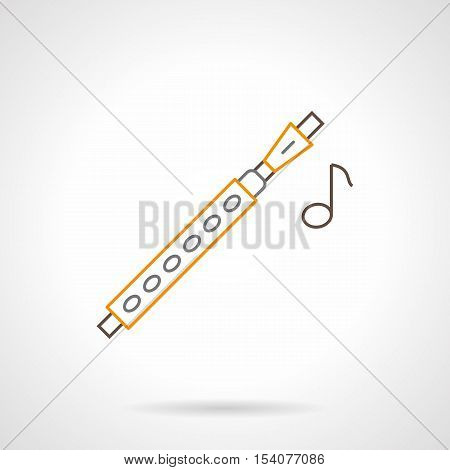 Reed woodwind musical instrument. Traditional flute symbol and one note. Performance of classical and contemporary music. Flat black and yellow line vector icon.