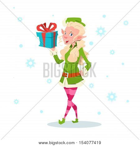 Christmas Elf Girl Cartoon Character Santa Helper Hold Present Box Flat Vector Illustration