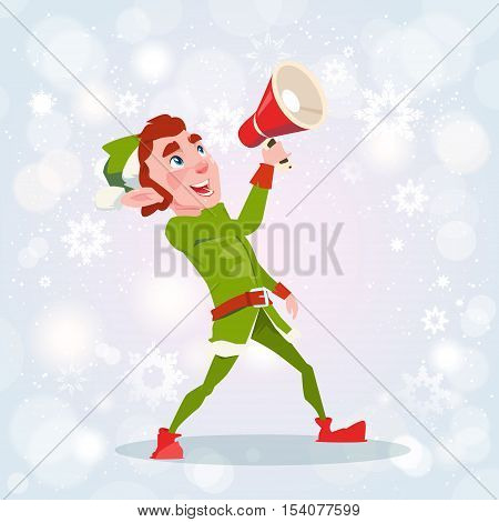Christmas Elf Boy Cartoon Character Santa Helper Hold Megaphone Loudspeaker Flat Vector Illustration