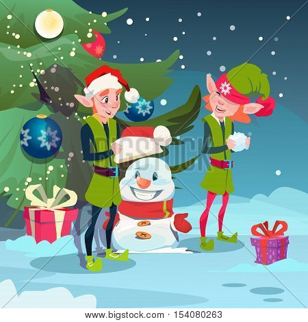 Green Elf Group Making Snowman Near Decorated Pine Tree Merry Christmas Happy New Year Banner Flat Vector Illustration