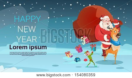 Santa Claus Carry Big Present Sack Reindeer Greeting Card Decoration Merry Christmas Happy New Year Banner Flat Vector Illustration