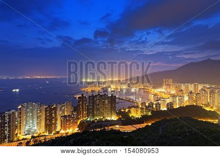 Hong Kong Tuen Mun skyline and South China sea at night
