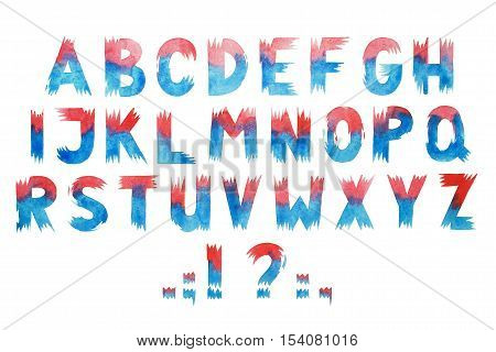 Colorful watercolor blue and red aquarelle font type handwritten hand draw abc alphabet letters.