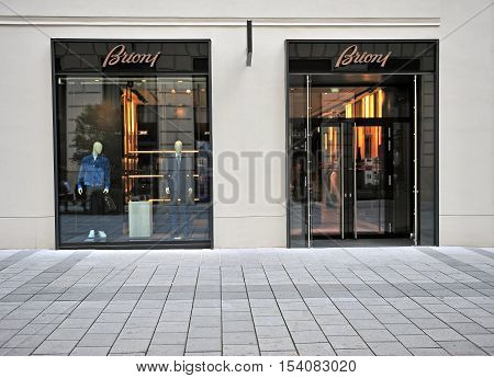 VIENNA AUSTRIA - JUNE 6: Facade of Brioni flagship store in Vienna on June 6 2016. Brioni is an Italian menswear couture house founded in Rome Italy.