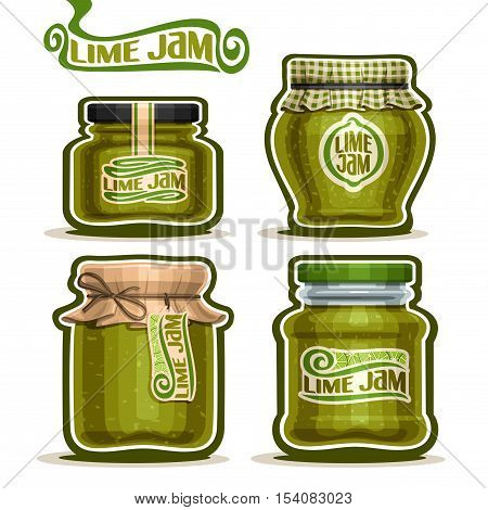 Vector logo Lime Jam in Jars with paper cover lid, rustic green Pot home made citrus lime jams, twine rope bow, homemade fruit jam jar, farm jelly pot with label, checkered cloth cap isolated on white