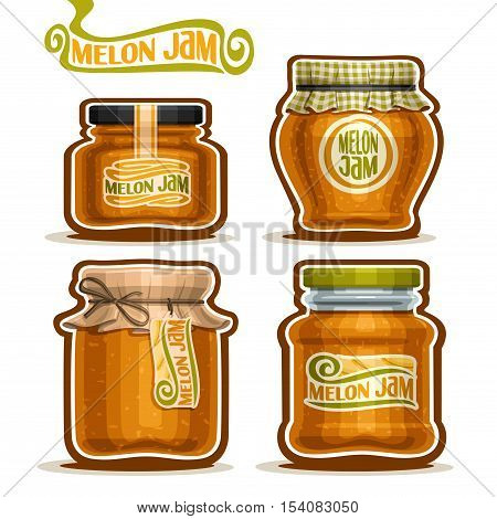 Vector logo Melon Jam in glass Jars with paper cover lid, rustic Pot home made melon jams, twine rope bow, set homemade fruit jam jar, farm jelly pot with label, checkered cloth cap, isolated on white