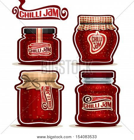 Vector logo Chilli Jam in Jars with paper lid, rustic Pot home made chilli pepper spice jams, twine bow, homemade hot chili jam jar, spicy sauce pot with label, checkered cloth cap, isolated on white.