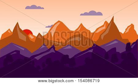 Colorful mountain background, sunrise time. Vector illustration