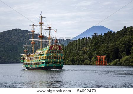 HAKONE, JAPAN - OCTOBER 4, 2016: Ship Vasa at Hakone sightseeing tour on lake Ashi in Japan. Hakone is one of the most popular destinations of Japanese and international tourists