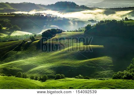 Misty valley in Tuscany at sunrise in summer
