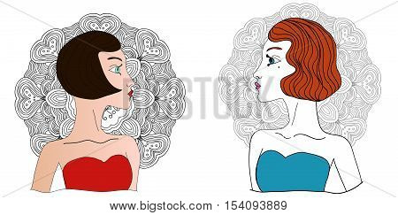 Two vector colored retro black and brownheaded girsl looking at one another.