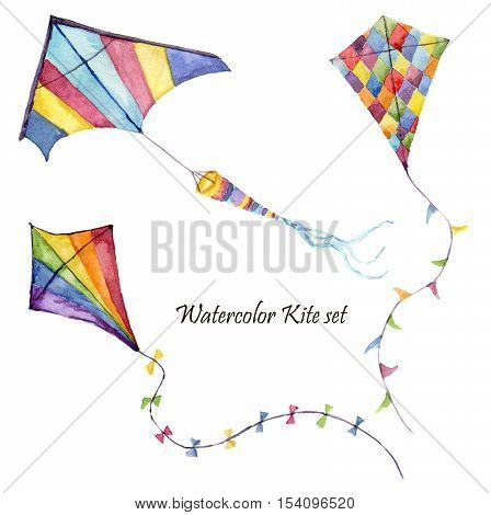 Watercolor checkerboard and striped kites air set. Hand drawn vintage kite with retro design. Illustrations isolated on white background.