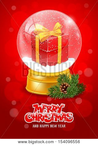 Christmas Greeting with Christmas Snow Globe. Magic Ball with Snow, Gift Box and Flying Snowflakes for your Christmas and New Year Designs. Realistic Vector Stock Illustration. 