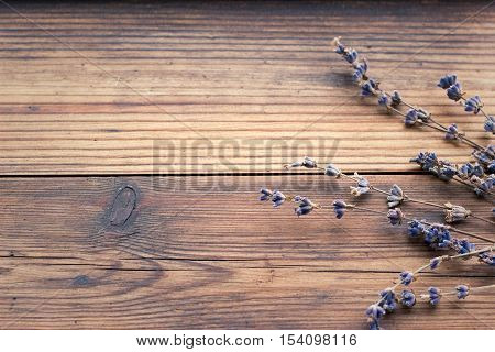 Rustic wooden texture. Natural background with dried lavender herb.