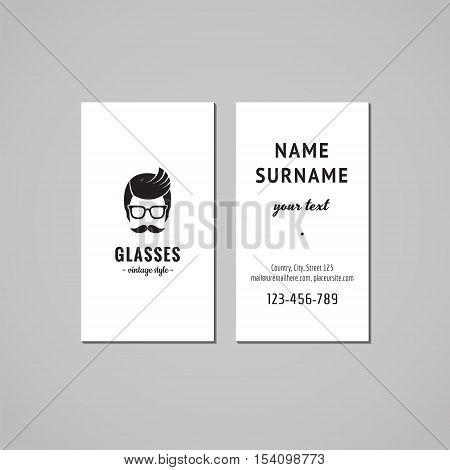 Eyeglasses business card design concept. Logo with a mustached man. Vintage hipster and retro style.