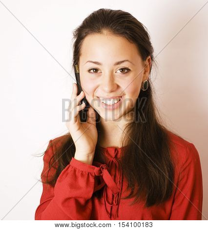 young pretty taned girl close up portrait smiling confident brunette warm, lifestyle real people concept