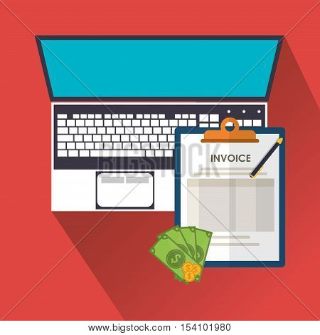 Invoice document bills coins and laptop icon. Business finanace payment and tax theme. Colorful design. Vector illustration