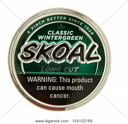 Winneconne WI - 29 October 2016: Can of Skoal chewing tobacco on an isolated background.