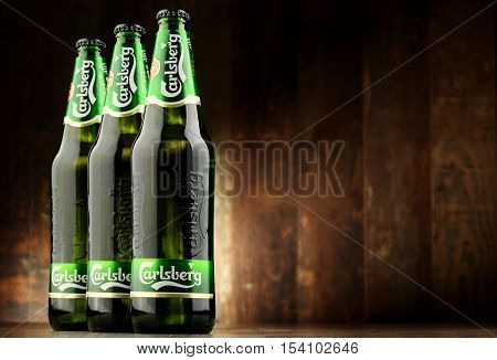 POZNAN POLAND - OCT 28 2016: Carlsberg globaly distributed pale lager beer produced by Carlsberg Group a Danish brewing company founded in 1847 with headquarters located in Copenhagen Denmark