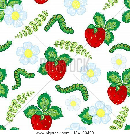 Funny seamless vector pattern with strawberry, caterpillar and flowers and leaves. Berry isolated on white background