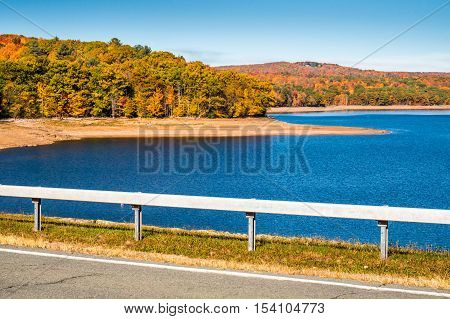Fall foliage on the Neversink Reservoir in New York State's Catskill region