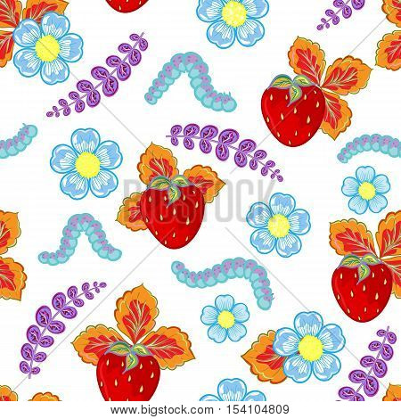 Funny seamless vector pattern with strawberry, caterpillar and flowers and leaves. Berry isolated on white background
