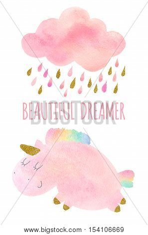 Cute pink watercolor unicorn and cloud with rain and rainbow. Set of watercolor objects isolated on white background for your design: textile fabric postcard invitation.