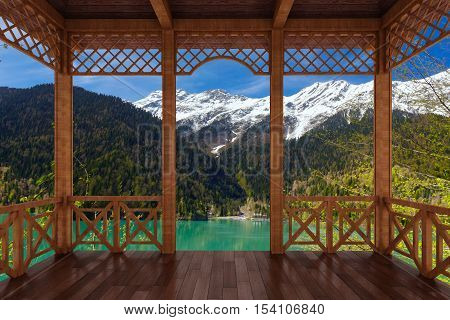 3d render of a wooden terrace with a view of Lake Riza, Abkhazia