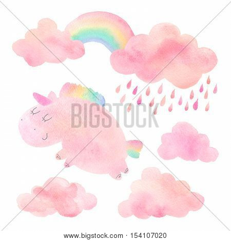 Cute pink watercolor unicorn and cloud with rain and rainbow. Set of watercolor objects isolated on white background for your design: textile fabric postcard invitation.