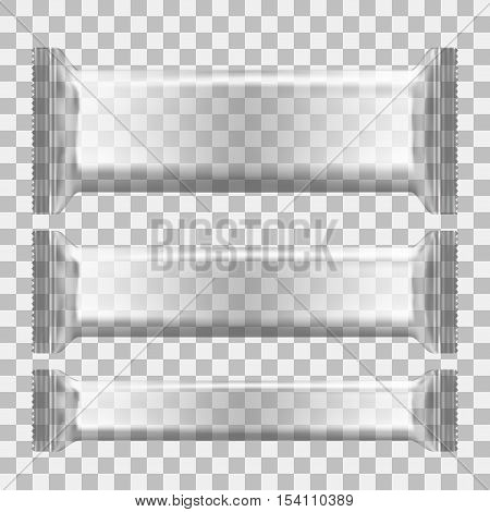 Realistic Transparent Blank Template Foil Packages For Food, Snack Chips, Candy Or Chocolate. Plastic Pack Set. EPS10 Vector