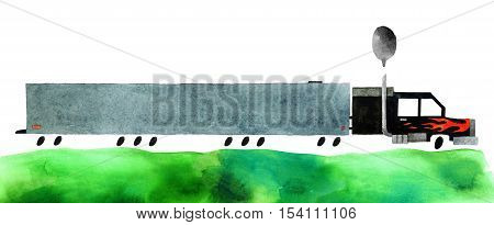 Beautiful cartoon wagon isolated on white background. Hand drawn watercolor wagon with green grass for your design.