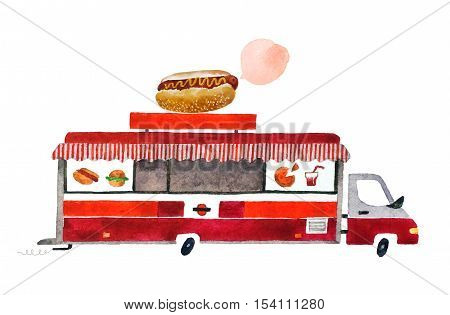 Beautiful cartoon food track isolated on white background. Hand drawn watercolor food truck for your design.