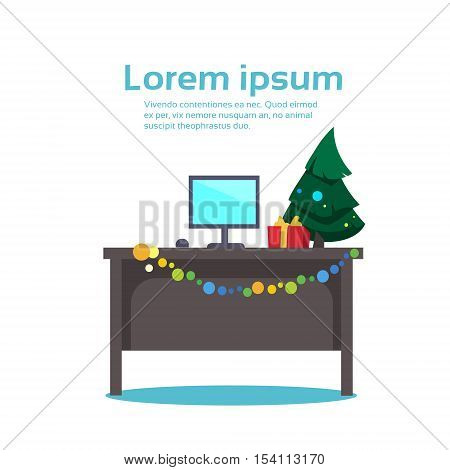 Empty Decorated Workplace Office Merry Christmas And Happy New Year Celebration Flat Vector Illustration