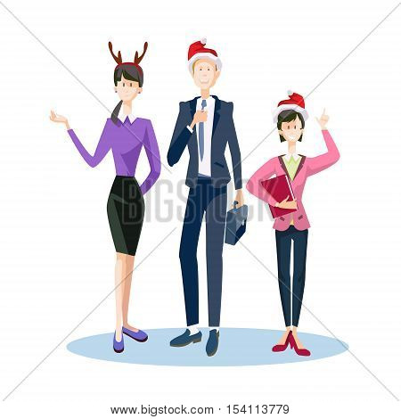Businesspeople Celebrate Merry Christmas And Happy New Year Business People Team Santa Hat Flat Vector Illustration