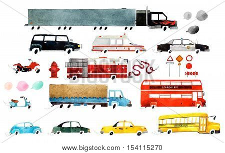 Big set of watercolor cars. Beautiful cartoon cars isolated on white background. Hand drawn watercolor cars for your design.