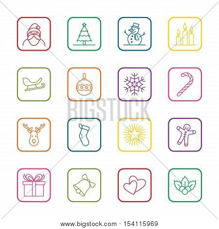 Christmas and new year icon set vector illustration - colorful outline with rounded rectangle frame