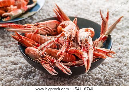 Seafood served on the beach with white stones