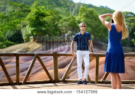 Young Couple Sightseeing Chamarel Coloured Earths