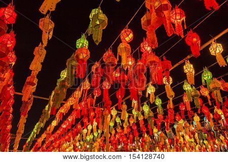 Colorful Lamp And Lantern In Loi Krathong Wat Phra That Haripunchai Lamphun Thailand