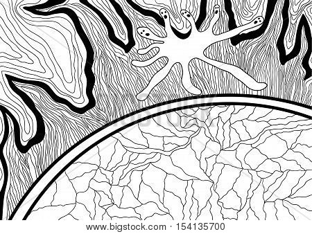 Line art design for coloring book for adult. Man torn with doubt and emotion runs against the flames, distress. Psychology of stress