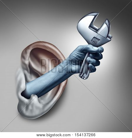 Ear therapy as a medicine medical concept as the hand of a doctor or health specialist treating the human hearing organ as a physician performing an examination for auditory symptoms holding a wrench as a symbol with 3D illustration elements.