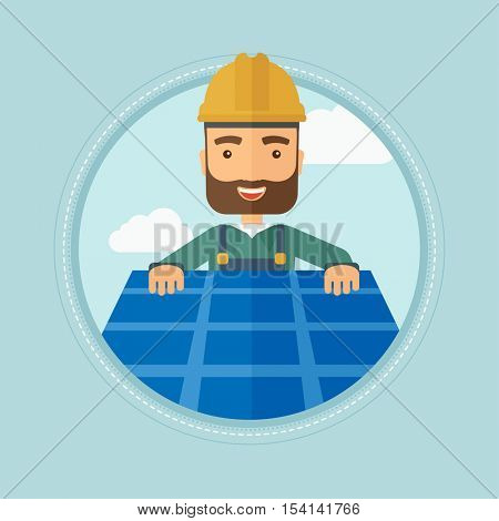 A hipster man with the beard installing solar panels on roof. Technician in inuform and hard hat checking solar panels on roof. Vector flat design illustration in the circle isolated on background.