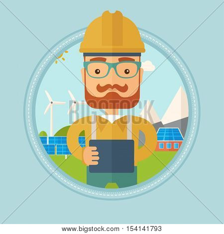 A hipster worker of solar power plant. Worker with tablet computer at solar power plant. Worker checking solar panel setup. Vector flat design illustration in the circle isolated on background.