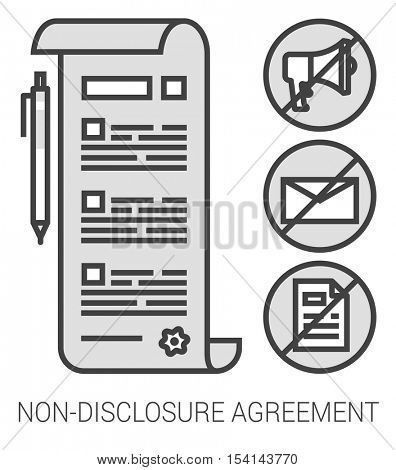 Non-disclosure agreement infographic metaphor with line icons. Non-disclosure project agreement concept for website and infographics. Vector line art icon isolated on white background.