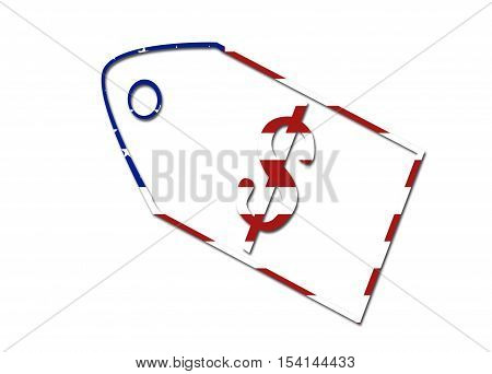 US flag price tag with dollar sign symbol/ logo on a solid background