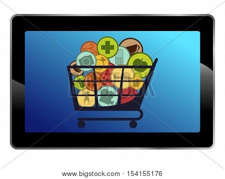 isolated black tablet with basket full of products' icons, vector