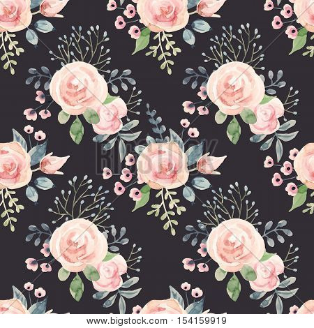 Beautiful pattern with nice hand drawn pink watercolor flowers