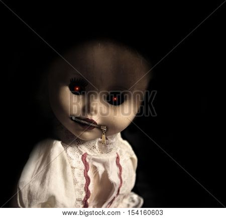 Vintage evil spooky doll with zipped mouth. On black background